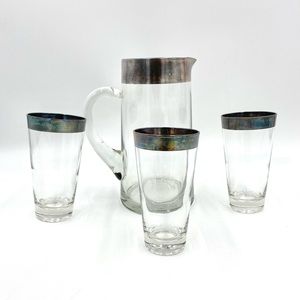 Vintage MCM Silver Rimmed  Drink-ware Glasses Set And Pitcher.